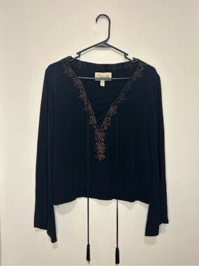 Cleobella Black Long-Sleeve Embroidered Lace-Up Tunic